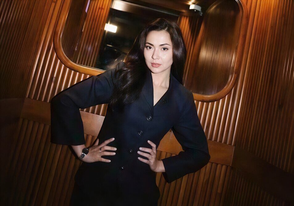 Hania Aamir posing in elegant designer outfit for brand campaign
