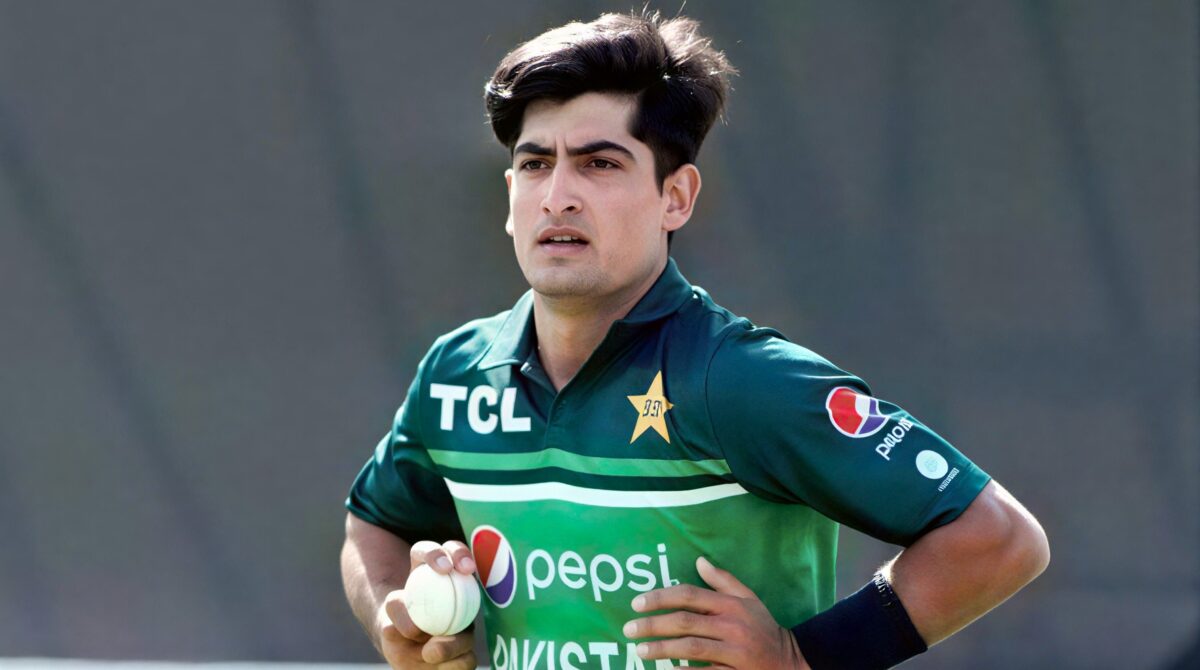Naseem Shah celebrating after taking a wicket during an international cricket match