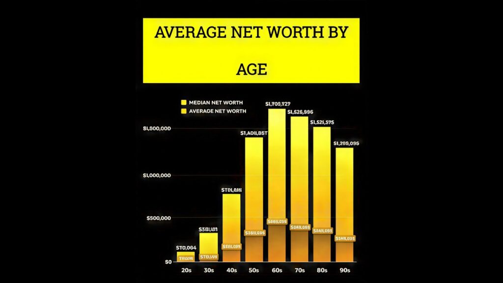 Average vs median net worth by age infographic with wealth trends from under 35 to 75+.