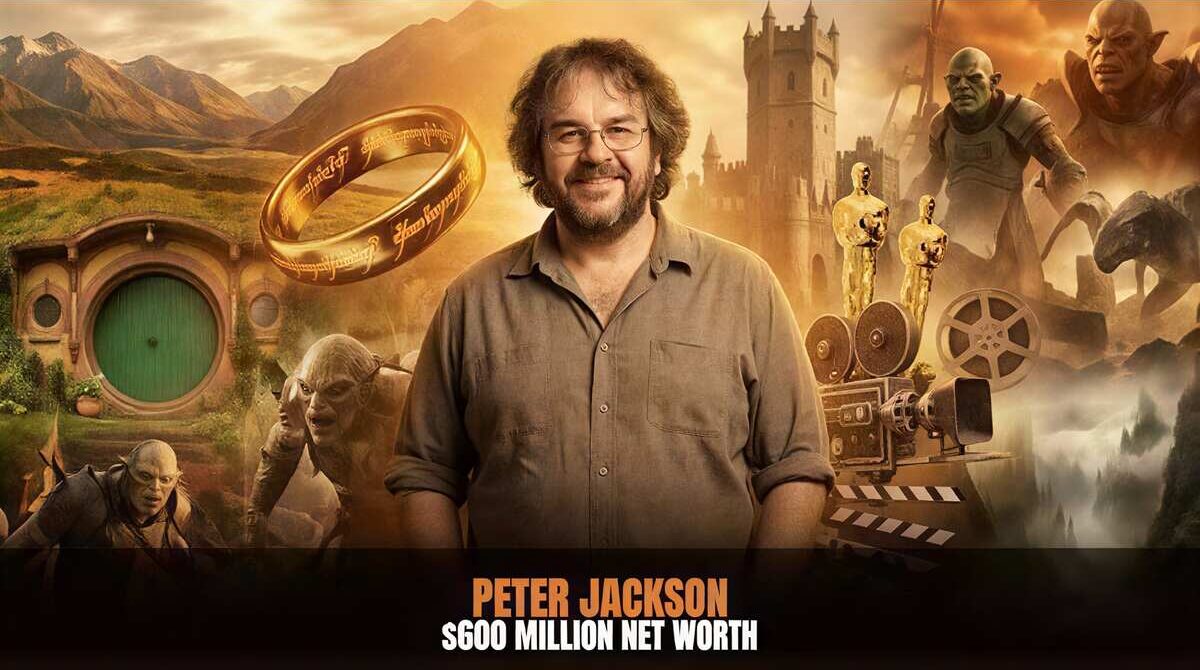 Film director Peter Jackson posing on the red carpet with cameras flashing behind him