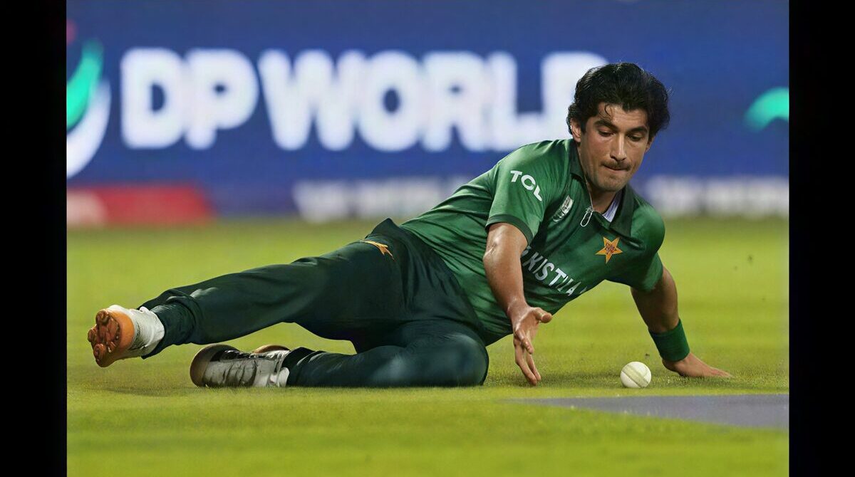 Young cricket star Naseem Shah showing his bowling action on the field