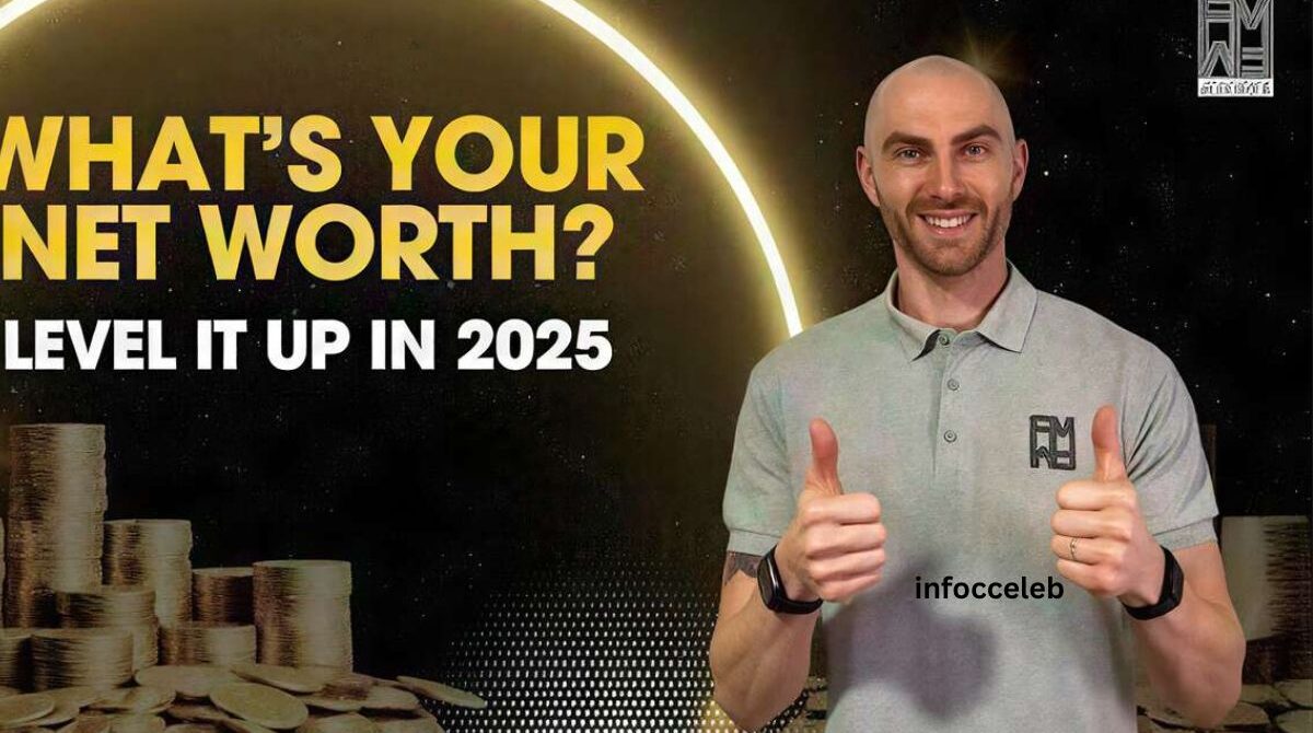 Person calculating finances and tracking net worth growth in 2025 on a laptop with charts and savings documents.